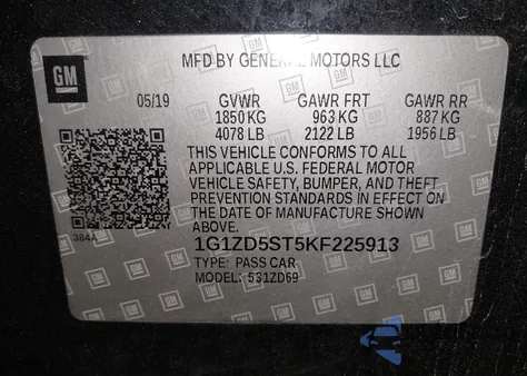 2019 Chevrolet Malibu Lt z USA, uszkodzony, nr VIN 1G1ZD5ST5KF225913